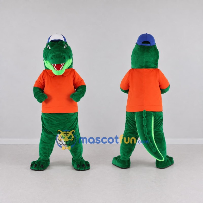 Custom Green and Orange Crocodile in a Shirt and Cap Mascot Costume Adult Full Body Suit for School Events Custom Green and Orange Crocodile in a Shirt and Cap Mascot Costume Adult Full Body Suit for School Events
