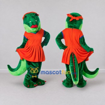 Custom Green and Orange Crocodile in a Dress Mascot Costume Adult Full Body Suit for School Events