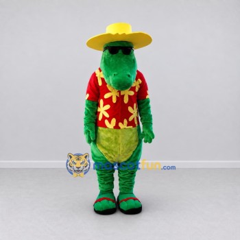 Custom Green and Red Crocodile in a Tropical Shirt Mascot Costume Adult Full Body Suit for Summer Events Custom Green and Red Crocodile in a Tropical Shirt Mascot Costume Adult Full Body Suit for Summer Events