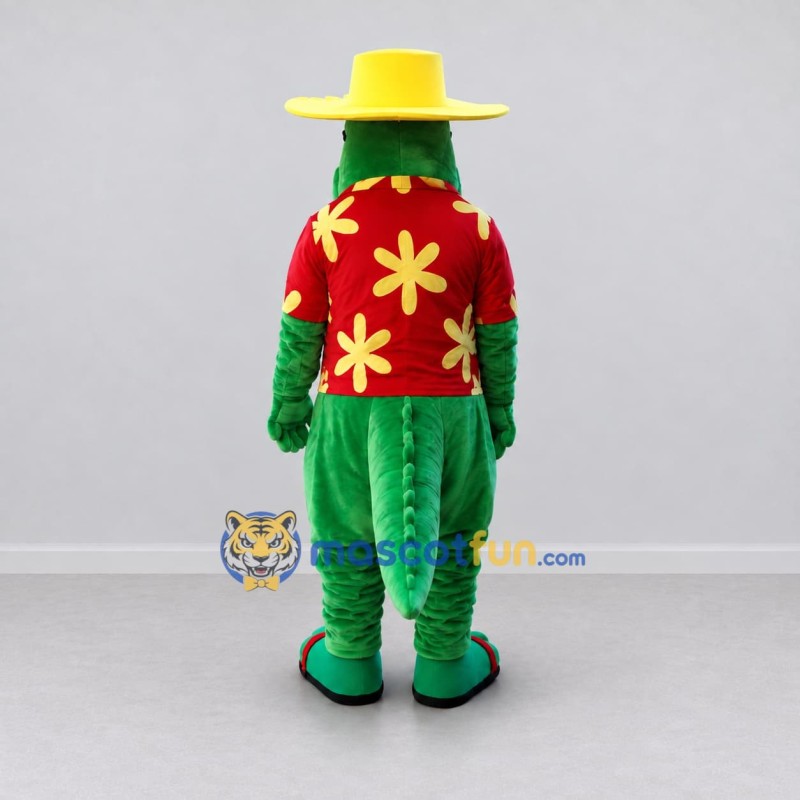 Custom Green and Red Crocodile in a Tropical Shirt Mascot Costume Adult Full Body Suit for Summer Events Custom Green and Red Crocodile in a Tropical Shirt Mascot Costume Adult Full Body Suit for Summer Events
