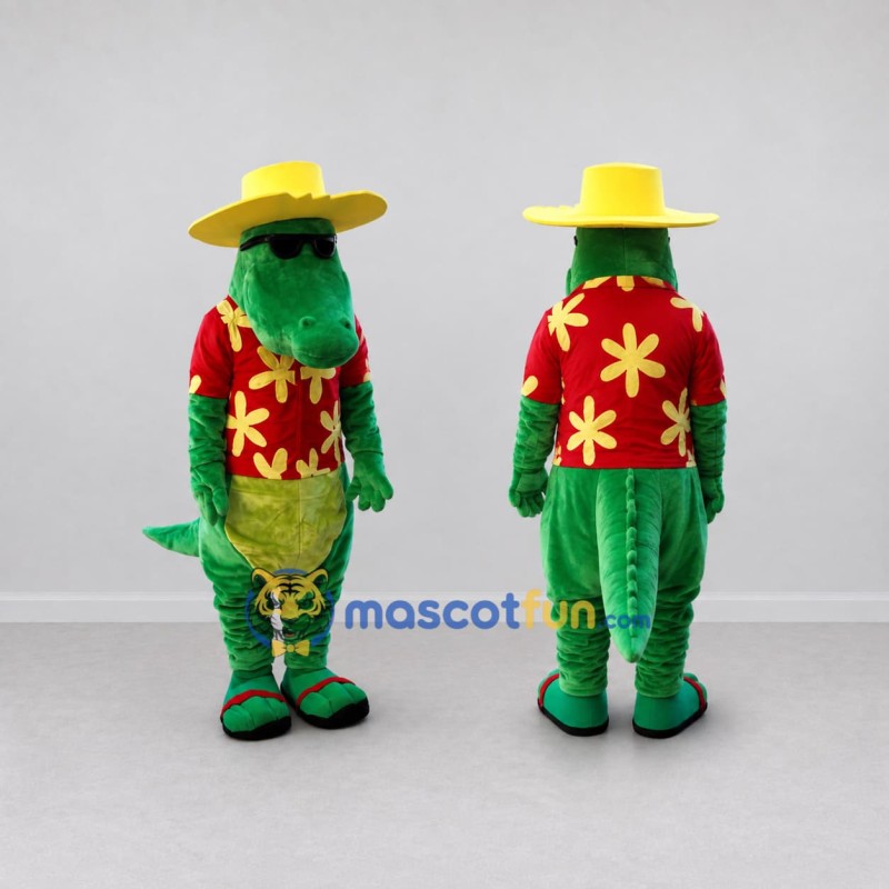 Custom Green and Red Crocodile in a Tropical Shirt Mascot Costume Adult Full Body Suit for Summer Events Custom Green and Red Crocodile in a Tropical Shirt Mascot Costume Adult Full Body Suit for Summer Events