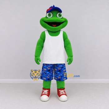 Custom Green and Blue Lizard Character in Summer Clothes Mascot Costume Adult Full Body Suit for Summer Events