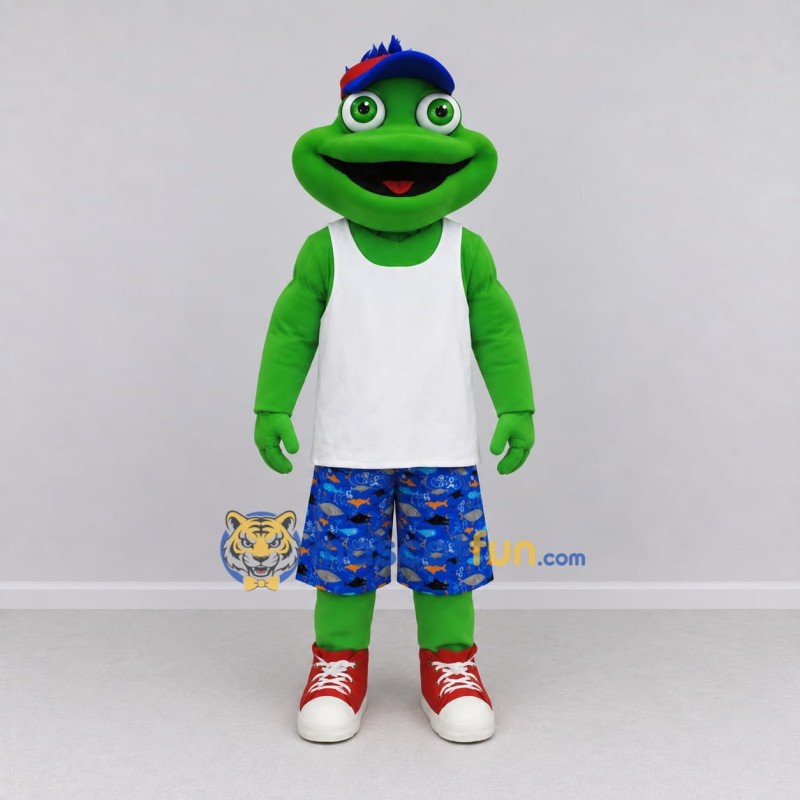 Custom Green and Blue Lizard Character in Summer Clothes Mascot Costume Adult Full Body Suit for Summer Events Custom Green and Blue Lizard Character in Summer Clothes Mascot Costume Adult Full Body Suit for Summer Events