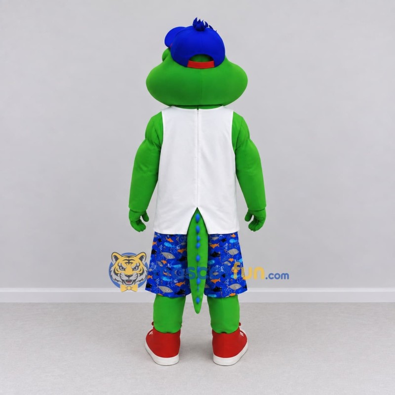 Custom Green and Blue Lizard Character in Summer Clothes Mascot Costume Adult Full Body Suit for Summer Events Custom Green and Blue Lizard Character in Summer Clothes Mascot Costume Adult Full Body Suit for Summer Events