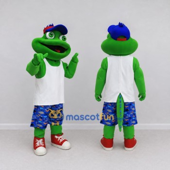 Custom Green and Blue Lizard Character in Summer Clothes Mascot Costume Adult Full Body Suit for Summer Events
