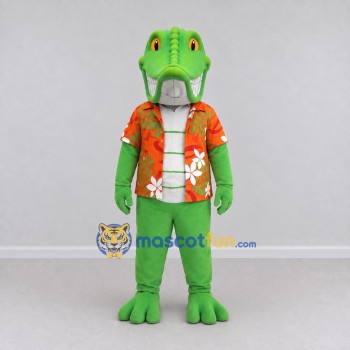 Custom Green and Orange Crocodile in a Tropical Shirt Mascot Costume Adult Full Body Suit for Summer Events Custom Green and Orange Crocodile in a Tropical Shirt Mascot Costume Adult Full Body Suit for Summer Events