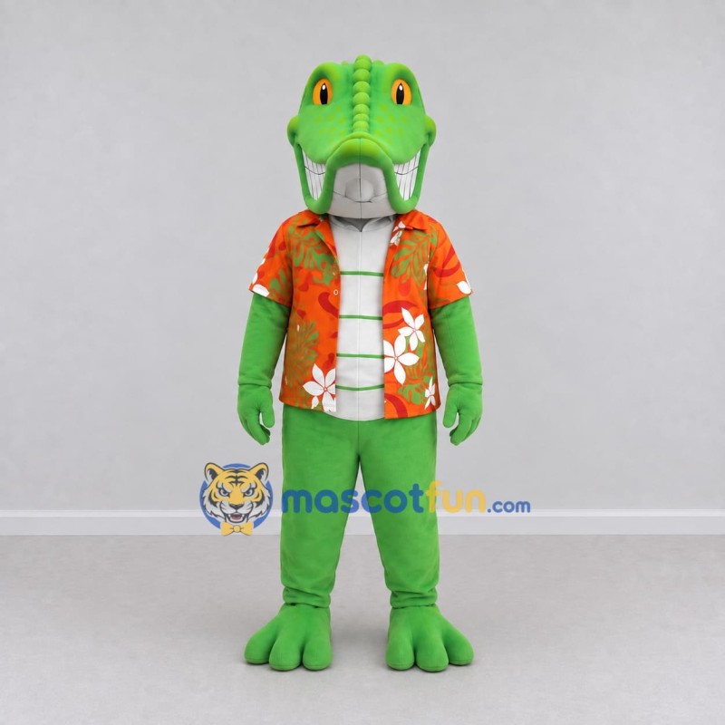 Custom Green and Orange Crocodile in a Tropical Shirt Mascot Costume Adult Full Body Suit for Summer Events Custom Green and Orange Crocodile in a Tropical Shirt Mascot Costume Adult Full Body Suit for Summer Events