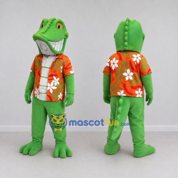 Custom Green and Orange Crocodile in a Tropical Shirt Mascot Costume Adult Full Body Suit for Summer Events