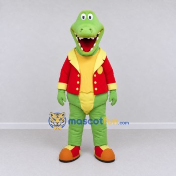 Custom Light Green and Red Crocodile in a Jacket Mascot Costume Adult Full Body Suit for Theme Parties Custom Light Green and Red Crocodile in a Jacket Mascot Costume Adult Full Body Suit for Theme Parties
