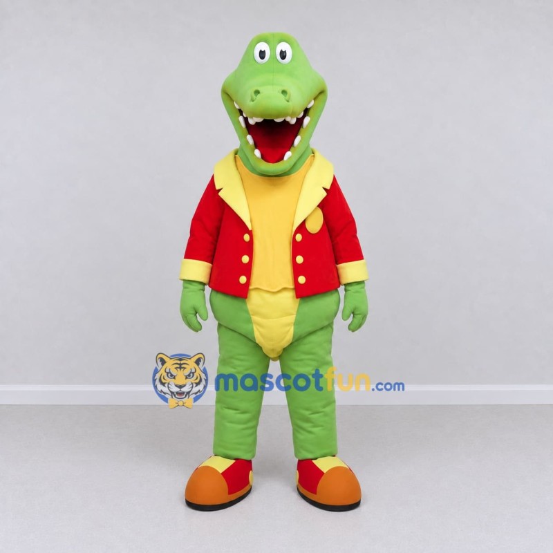 Custom Light Green and Red Crocodile in a Jacket Mascot Costume Adult Full Body Suit for Theme Parties Custom Light Green and Red Crocodile in a Jacket Mascot Costume Adult Full Body Suit for Theme Parties