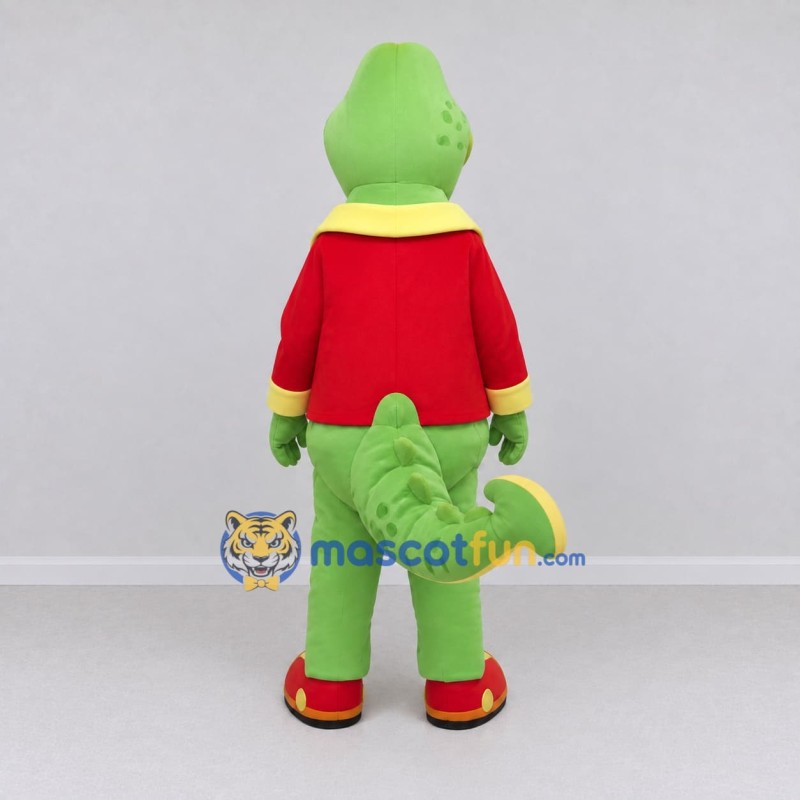 Custom Light Green and Red Crocodile in a Jacket Mascot Costume Adult Full Body Suit for Theme Parties Custom Light Green and Red Crocodile in a Jacket Mascot Costume Adult Full Body Suit for Theme Parties