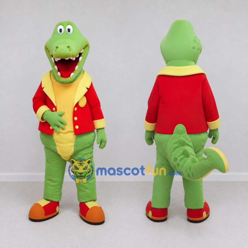 Custom Light Green and Red Crocodile in a Jacket Mascot Costume Adult Full Body Suit for Theme Parties Custom Light Green and Red Crocodile in a Jacket Mascot Costume Adult Full Body Suit for Theme Parties