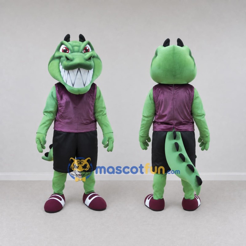 Custom Green and Purple Crocodile Character in Sportswear Mascot Costume Adult Full Body Suit for Sports Events Custom Green and Purple Crocodile Character in Sportswear Mascot Costume Adult Full Body Suit for Sports Events