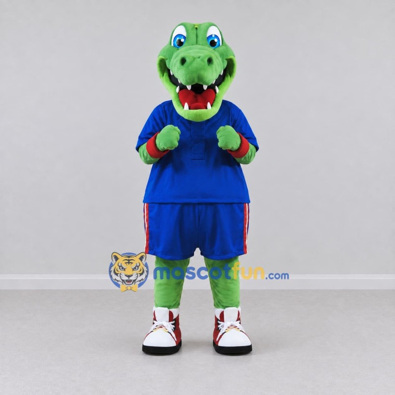 Custom Green and Blue Crocodile in Sportswear Mascot Costume Adult Full Body Suit for Sports Events Custom Green and Blue Crocodile in Sportswear Mascot Costume Adult Full Body Suit for Sports Events