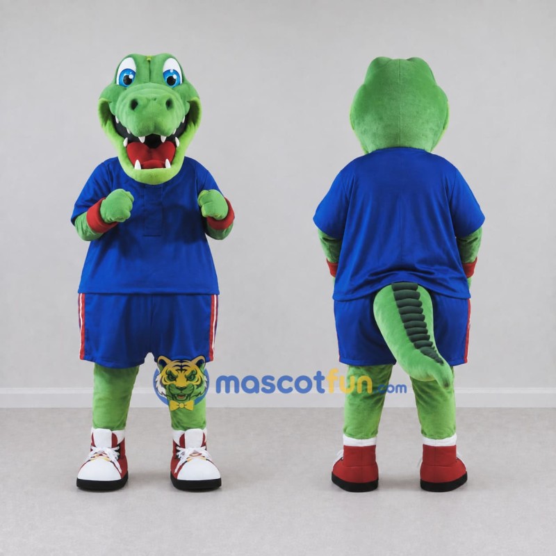 Custom Green and Blue Crocodile in Sportswear Mascot Costume Adult Full Body Suit for Sports Events Custom Green and Blue Crocodile in Sportswear Mascot Costume Adult Full Body Suit for Sports Events