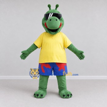 Custom Green and Yellow Dragon Character in Summer Clothes Mascot Costume Adult Full Body Suit for Summer Events