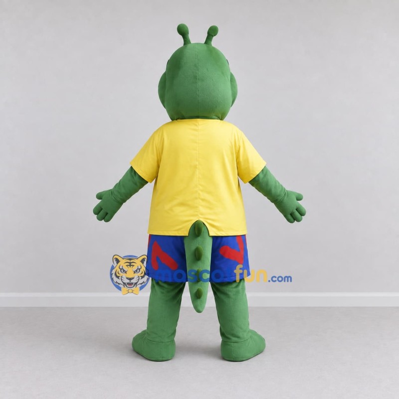 Custom Green and Yellow Dragon Character in Summer Clothes Mascot Costume Adult Full Body Suit for Summer Events Custom Green and Yellow Dragon Character in Summer Clothes Mascot Costume Adult Full Body Suit for Summer Events