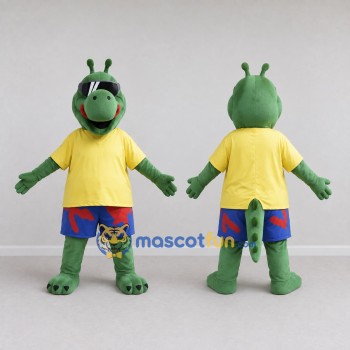 Custom Green and Yellow Dragon Character in Summer Clothes Mascot Costume Adult Full Body Suit for Summer Events