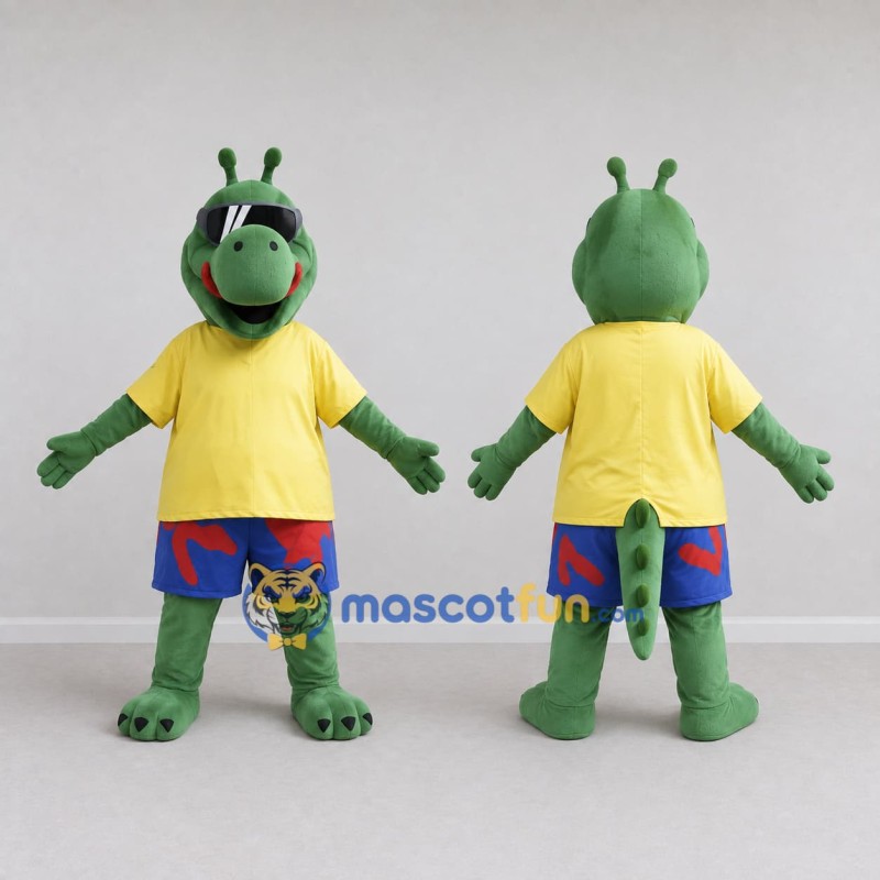 Custom Green and Yellow Dragon Character in Summer Clothes Mascot Costume Adult Full Body Suit for Summer Events Custom Green and Yellow Dragon Character in Summer Clothes Mascot Costume Adult Full Body Suit for Summer Events