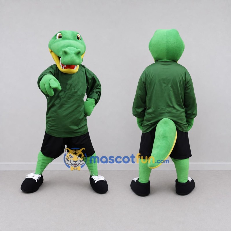 Custom Green and Black Crocodile in Sportswear Mascot Costume Adult Full Body Suit for Sports Events Custom Green and Black Crocodile in Sportswear Mascot Costume Adult Full Body Suit for Sports Events