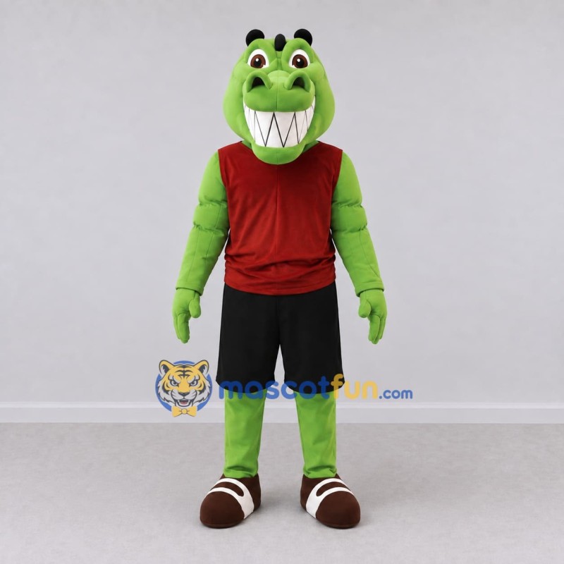 Custom Green and Red Crocodile Character in Sportswear Mascot Costume Adult Full Body Suit for Sports Events Custom Green and Red Crocodile Character in Sportswear Mascot Costume Adult Full Body Suit for Sports Events