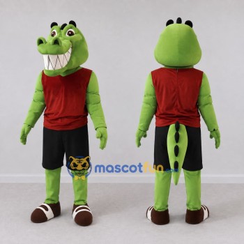 Custom Green and Red Crocodile Character in Sportswear Mascot Costume Adult Full Body Suit for Sports Events