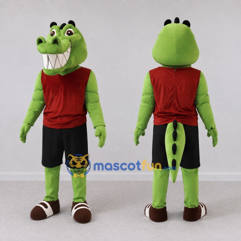 Custom Green and Red Crocodile Character in Sportswear Mascot Costume Adult Full Body Suit for Sports Events Custom Green and Red Crocodile Character in Sportswear Mascot Costume Adult Full Body Suit for Sports Events