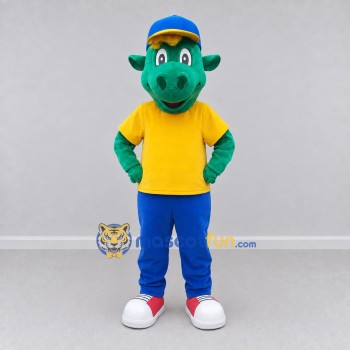 Custom Green and Yellow Dragon Character in Casual Clothes Mascot Costume Adult Full Body Suit for School Events