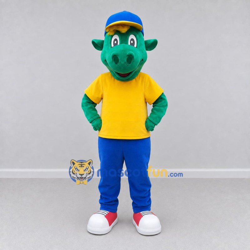 Custom Green and Yellow Dragon Character in Casual Clothes Mascot Costume Adult Full Body Suit for School Events Custom Green and Yellow Dragon Character in Casual Clothes Mascot Costume Adult Full Body Suit for School Events