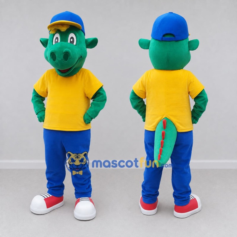 Custom Green and Yellow Dragon Character in Casual Clothes Mascot Costume Adult Full Body Suit for School Events Custom Green and Yellow Dragon Character in Casual Clothes Mascot Costume Adult Full Body Suit for School Events