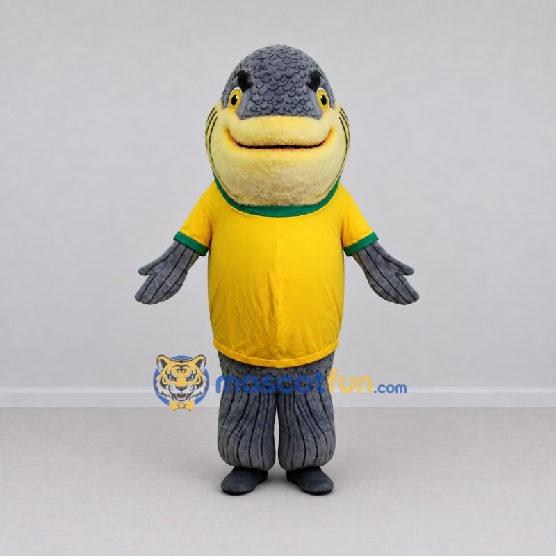 Custom Gray and Yellow Fish Character in a Shirt Mascot Costume Adult Full Body Suit for Ocean Events Custom Gray and Yellow Fish Character in a Shirt Mascot Costume Adult Full Body Suit for Ocean Events