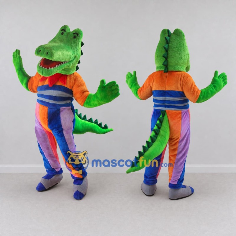 Custom Green and Orange Crocodile in a Colorful Outfit Mascot Costume Adult Full Body Suit for Theme Parties Custom Green and Orange Crocodile in a Colorful Outfit Mascot Costume Adult Full Body Suit for Theme Parties