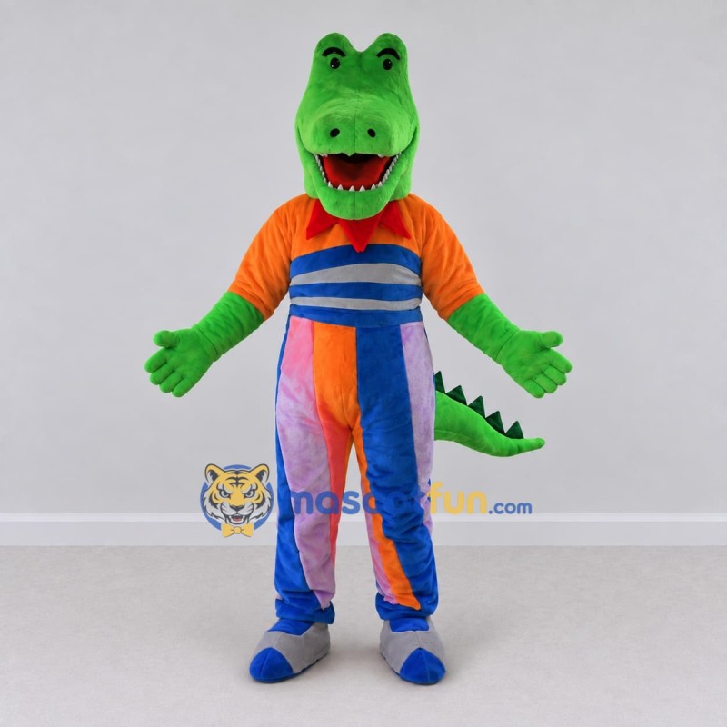 Custom Green and Orange Crocodile in a Colorful Outfit Mascot Costume Adult Full Body Suit for Theme Parties Custom Green and Orange Crocodile in a Colorful Outfit Mascot Costume Adult Full Body Suit for Theme Parties