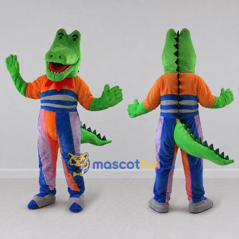 Custom Green and Orange Crocodile in a Colorful Outfit Mascot Costume Adult Full Body Suit for Theme Parties Custom Green and Orange Crocodile in a Colorful Outfit Mascot Costume Adult Full Body Suit for Theme Parties