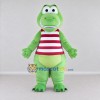 Custom Light Green and Red Dinosaur Character in a Striped Shirt Mascot Costume Adult Full Body Suit for School Events Custom Light Green and Red Dinosaur Character in a Striped Shirt Mascot Costume Adult Full Body Suit for School Events