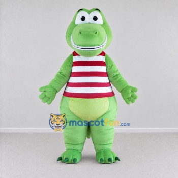 Custom Light Green and Red Dinosaur Character in a Striped Shirt Mascot Costume Adult Full Body Suit for School Events Custom Light Green and Red Dinosaur Character in a Striped Shirt Mascot Costume Adult Full Body Suit for School Events