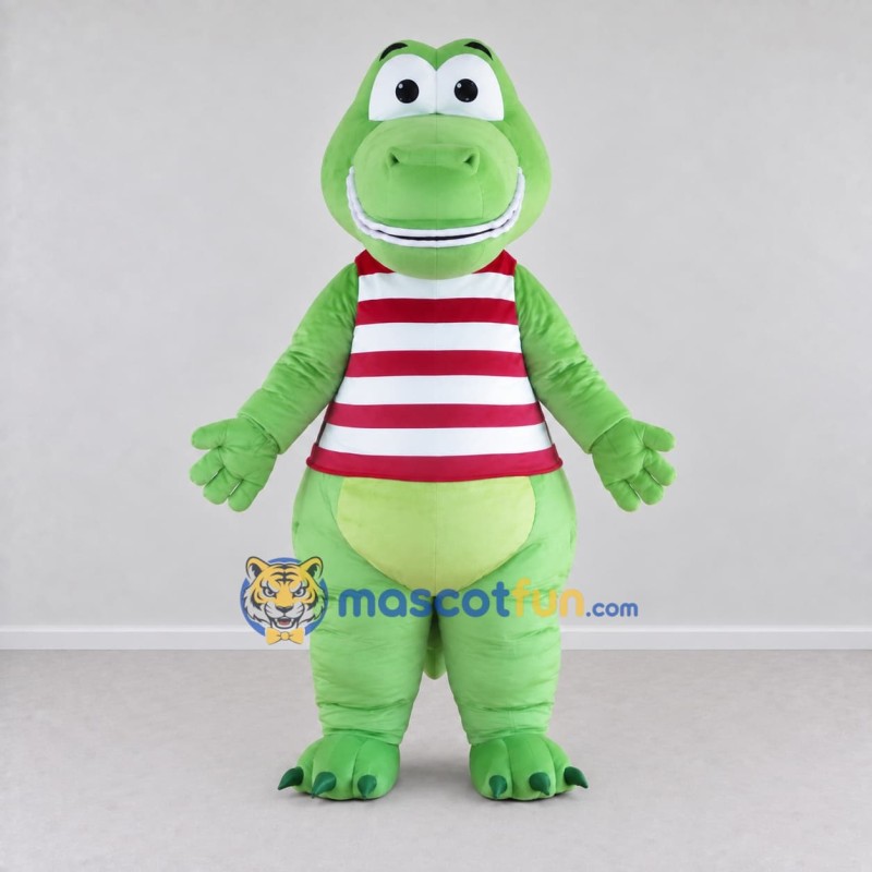 Custom Light Green and Red Dinosaur Character in a Striped Shirt Mascot Costume Adult Full Body Suit for School Events Custom Light Green and Red Dinosaur Character in a Striped Shirt Mascot Costume Adult Full Body Suit for School Events