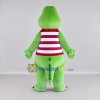 Custom Light Green and Red Dinosaur Character in a Striped Shirt Mascot Costume Adult Full Body Suit for School Events Custom Light Green and Red Dinosaur Character in a Striped Shirt Mascot Costume Adult Full Body Suit for School Events