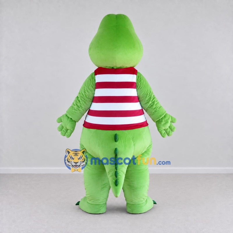 Custom Light Green and Red Dinosaur Character in a Striped Shirt Mascot Costume Adult Full Body Suit for School Events Custom Light Green and Red Dinosaur Character in a Striped Shirt Mascot Costume Adult Full Body Suit for School Events