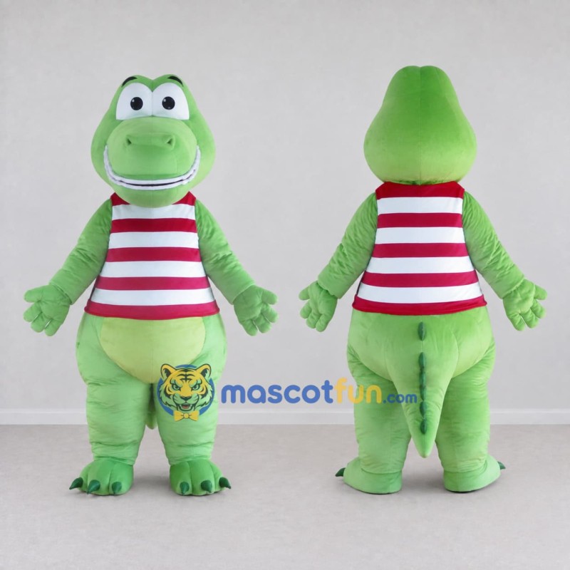 Custom Light Green and Red Dinosaur Character in a Striped Shirt Mascot Costume Adult Full Body Suit for School Events Custom Light Green and Red Dinosaur Character in a Striped Shirt Mascot Costume Adult Full Body Suit for School Events