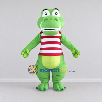 Custom Light Green and Red Dinosaur Character in a Striped Shirt Mascot Costume Adult Full Body Suit for School Events Custom Light Green and Red Dinosaur Character in a Striped Shirt Mascot Costume Adult Full Body Suit for School Events