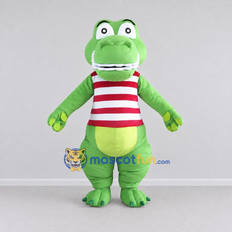 Custom Light Green and Red Dinosaur Character in a Striped Shirt Mascot Costume Adult Full Body Suit for School Events Custom Light Green and Red Dinosaur Character in a Striped Shirt Mascot Costume Adult Full Body Suit for School Events