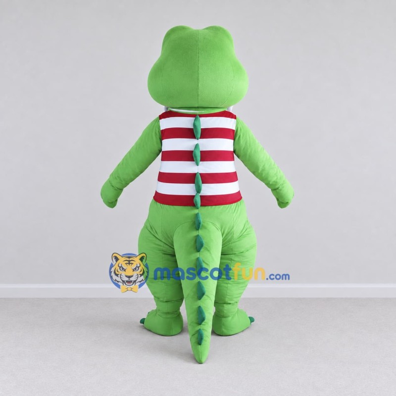 Custom Light Green and Red Dinosaur Character in a Striped Shirt Mascot Costume Adult Full Body Suit for School Events Custom Light Green and Red Dinosaur Character in a Striped Shirt Mascot Costume Adult Full Body Suit for School Events