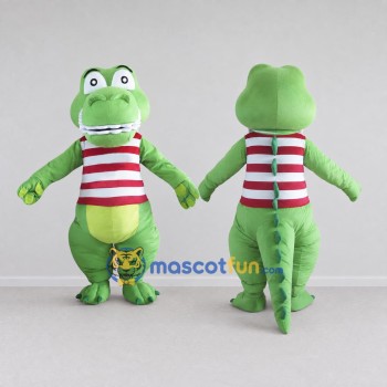 Custom Light Green and Red Dinosaur Character in a Striped Shirt Mascot Costume Adult Full Body Suit for School Events