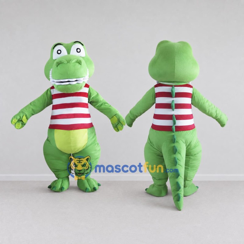 Custom Light Green and Red Dinosaur Character in a Striped Shirt Mascot Costume Adult Full Body Suit for School Events Custom Light Green and Red Dinosaur Character in a Striped Shirt Mascot Costume Adult Full Body Suit for School Events