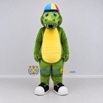 Custom Green and Yellow Crocodile Character with a Cap Mascot Costume Adult Full Body Suit for School Events Custom Green and Yellow Crocodile Character with a Cap Mascot Costume Adult Full Body Suit for School Events