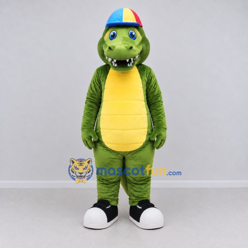 Custom Green and Yellow Crocodile Character with a Cap Mascot Costume Adult Full Body Suit for School Events Custom Green and Yellow Crocodile Character with a Cap Mascot Costume Adult Full Body Suit for School Events