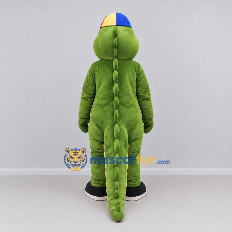 Custom Green and Yellow Crocodile Character with a Cap Mascot Costume Adult Full Body Suit for School Events Custom Green and Yellow Crocodile Character with a Cap Mascot Costume Adult Full Body Suit for School Events