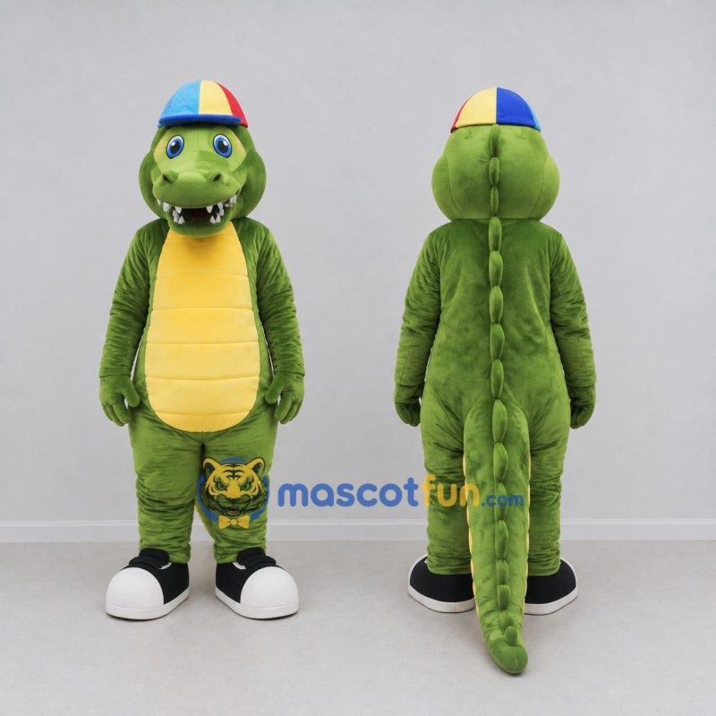 Custom Green and Yellow Crocodile Character with a Cap Mascot Costume Adult Full Body Suit for School Events Custom Green and Yellow Crocodile Character with a Cap Mascot Costume Adult Full Body Suit for School Events