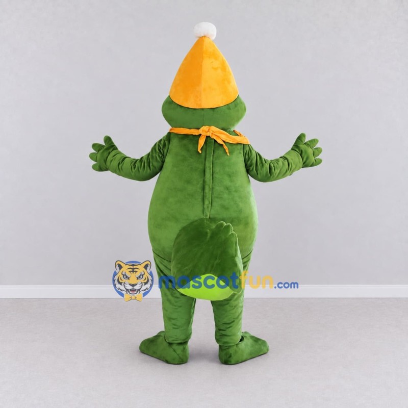 Custom Green and Orange Dragon Character with a Party Hat Mascot Costume Adult Full Body Suit for Theme Parties Custom Green and Orange Dragon Character with a Party Hat Mascot Costume Adult Full Body Suit for Theme Parties